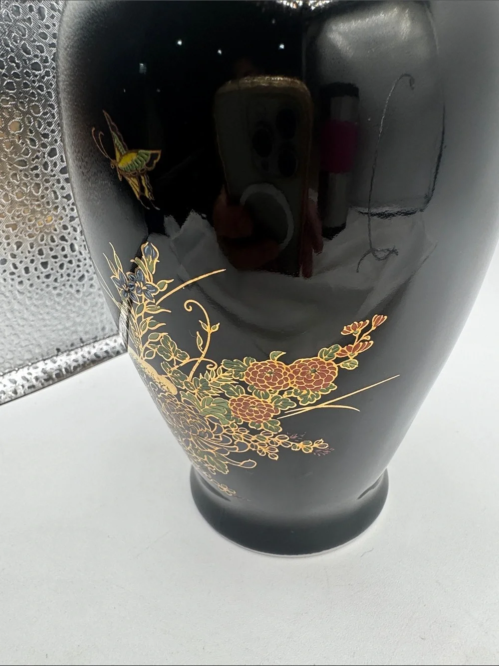 Japanese Black Ceramic Fine Art Vase featuring detailed multi-color floral VTG